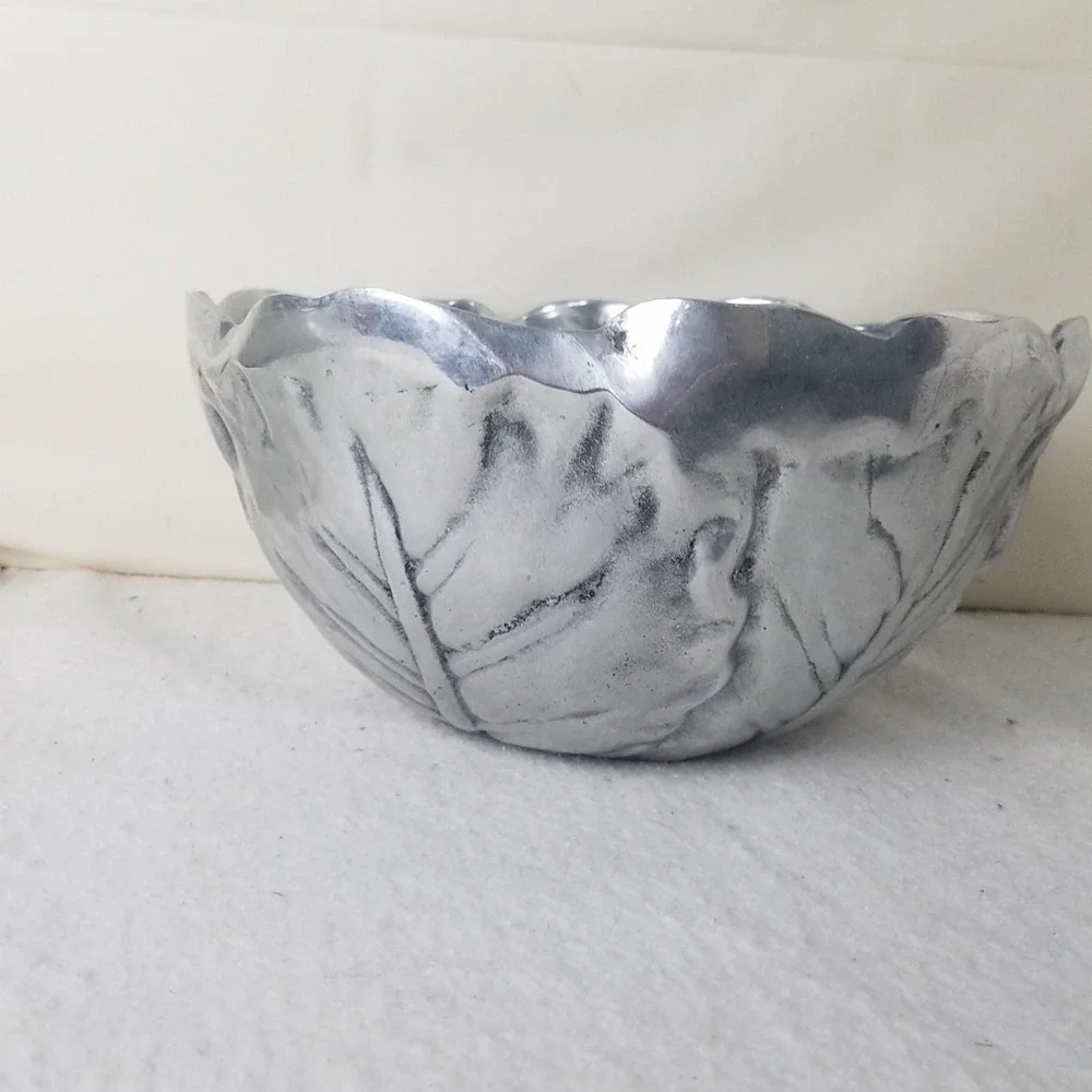 Large Pewter Embossed Bowl Cabbage Lettuce‎ Leaf  Polished Heavy 11